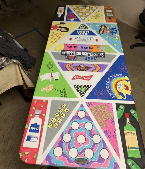 beer pong table with spongebob, bobs burgers, mario kart, family guy, and more acrylic paintings frkm @hippiegoluckydesigns on instagram Spongebob Beer Pong Table, Beer Pong Table Diy, Diy Beer Pong, Diy Beer Pong Table, Beer Pong Table Designs, Beer Table, Teen Party Games, Custom Tables, Diy Beer