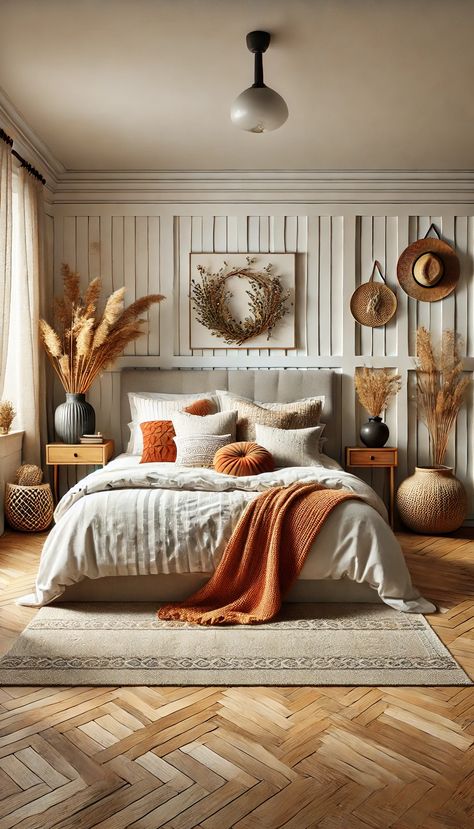 Transform your home bedroom with a cozy autumn theme. Neutral tones, warm textures, and natural elements create a serene and inviting space. Perfect for a refreshing new look. #HomeBedroomRefresh #AutumnDecor #CozyVibes Rust Bedroom Ideas, Fall Bedding Bedrooms, Cozy Autumn Bedroom, Tan Bedroom Ideas, Tan Bedroom, Autumn Bedroom, Halloween Room, Halloween Bedroom, Loft Bedroom