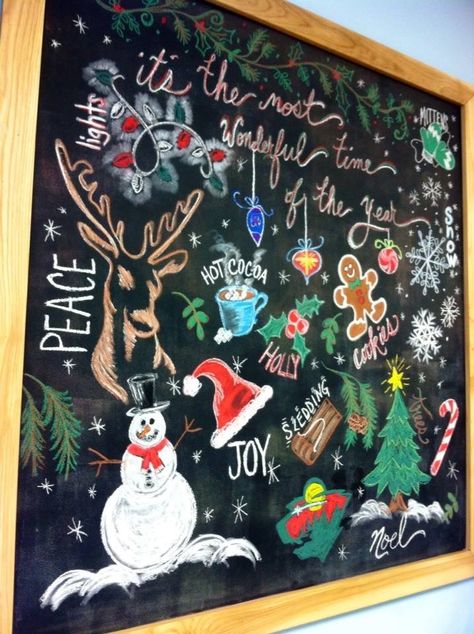 by Jenni M. Apple Chalkboard Art, Gingerbread Chalkboard Ideas, Cute Christmas Chalkboard Ideas, Chalk Markers Ideas, Christmas Blackboard, Christmas Chalkboards, Chalk Markers Art, Calendar Doodles, Christmas Chalkboard Art