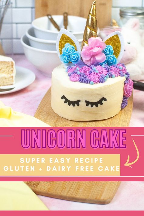 Make your own unicorn cake for your next unicorn themed birthday party. If you're planning a unicorn party and need a unicorn cake idea, check this out. Plus it's dyed with natural dye- no artificial color dyes and it's a gluten free and dairy free birthday cake. Additionally, you can make this unicorn cake with traditional gluten containing ingredients and dairy containing ingredients too! Vegan Unicorn Cake, Dairy Free Birthday Cake, Dairy Free Cake Recipe, Blue Frosting, Frosting Colors, Dairy Free Cake, Unicorn Themed Birthday Party, Pink Frosting, Dairy Free Milk