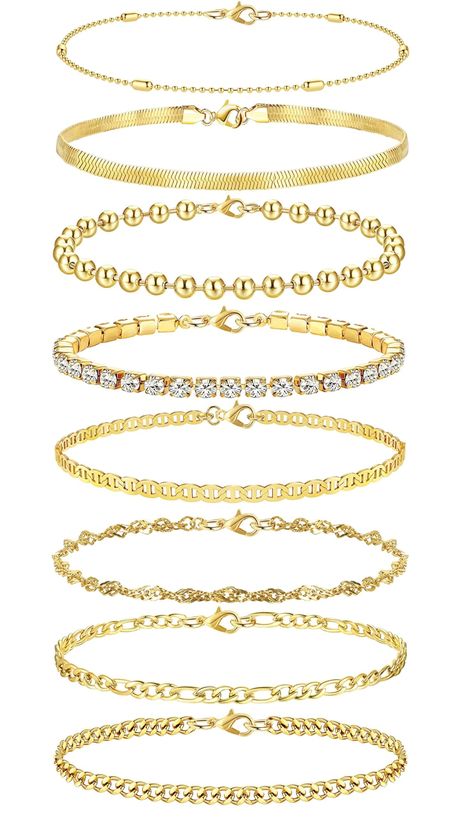 JeweBella 8 Pcs Gold Bracelet for Women 14K Gold Plated Bracelet Set Stainless Steel Stacking Bracelet Boho Figaro Twist Herringbone Tennis Bead Chain Bracelets Gold Jewellery Set for Women Girls I Trust God, Boho Bracelets Stack, Gold Bracelets Stacked, Gold Bracelet Set, Gold Armband, Gold Jewelry Sets, Gift Inspo, Jewelry Bracelets Gold, Chain Bracelets