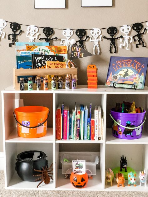 Control The Clutter: Implementing A Toy Rotation System Dinosaur Toy Rotation, Themed Toy Rotation, Living Room Toy Organization Ideas, Toy Rotation Shelf, Halloween Toy Rotation, Fall Toy Rotation, Toy Rotation Themes, Toy Rotation Categories, Toy Rotation System