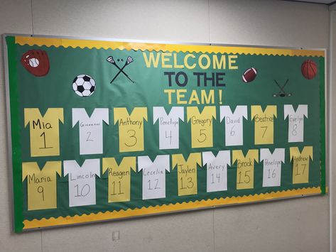 Welcome To The Team Bulletin Board, Athletics Bulletin Board, Hockey Bulletin Board Ideas, Bord Decorations For School, Soccer Bulletin Board Ideas, P.e. Bulletin Board Ideas, Athletic Bulletin Board Ideas, Teamwork Bulletin Board Ideas, Team Bulletin Board Ideas