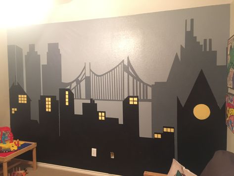 Wall mural  City scape  Super hero theme room Comic Book Wall Mural, Cityscape Wall Mural, City Scape Wall Mural, City Scape Mural, Spiderman Wall Mural, Superhero Mural, Superhero Theme Bedroom, City Wall Mural, Spiderman Room Decor