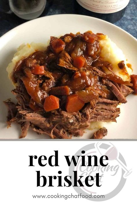 Red Wine Brisket served on a white plate spooned over mashed potatoes. Red Wine Brisket, Beef Brisket Crock Pot, Easy Brisket Recipe, Brisket In The Oven, Beef Brisket Slow Cooker, Slow Cooker Brisket Recipes, Brisket Marinade, Brisket Crock Pot, Beef Brisket Recipe