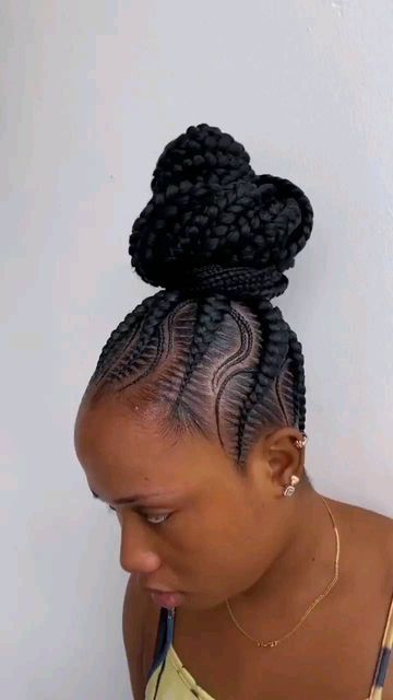 Stitch Updo Braids, Feed In Braids Top Knot Bun, Cornrow Top Bun, 5 Stitch Feed In Braids In A Bun, Stitch Braid Updo Ponytail, Ponytail Stitch Braids, Stitch Braids Into Ponytail, Mummy Hairstyles, Stitch Braid High Bun