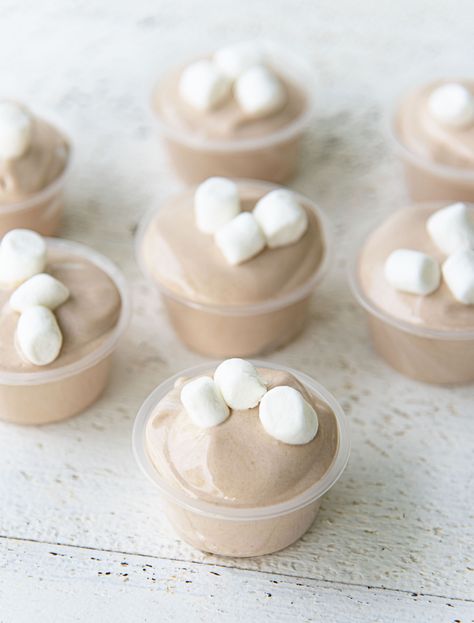 Hot Chocolate Pudding Shots Frozen Hot Chocolate Martini, Hot Chocolate Pudding, Marshmallow Syrup, Chocolate Pudding Shots, Pudding Shot Recipes, Chocolate Shots, Caramel Pudding, Pudding Shots, Jello Shot Recipes