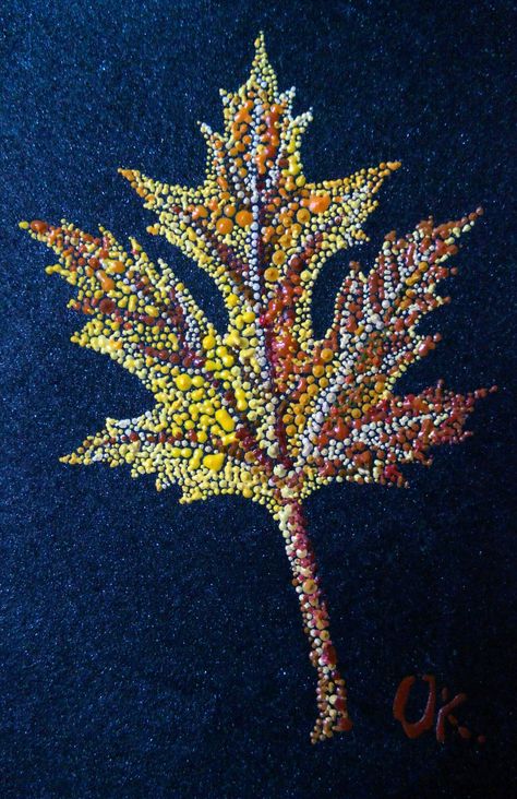 leaf ok. Leaf, dotwork, point-to-point, pointillism by Oksana Gural ok_art@ukr.net Tree Pointillism, Fall Mandala, Halloween Art Lessons, Dry Leaf Art, Acrylic Techniques, Point Art, Wood Designs, Rhinestone Art, Dot Art Painting