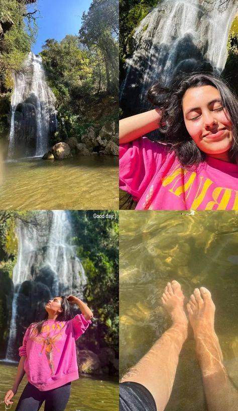 Water Fall Photo Poses, Waterfalls Photoshoot Ideas, Poses For Trip, Nature Layout Instagram, Hill Photoshoot Ideas, Poses On Mountain, Vacation Pose Ideas, Waterfall Photo Ideas, Instagram Story Ideas Indian