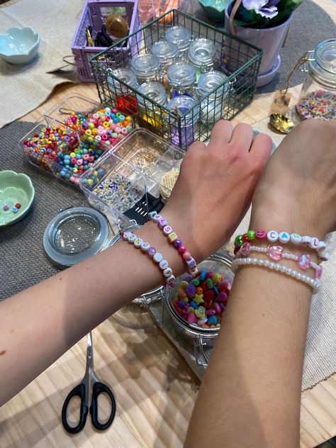 Making Bracelets With Friends Aesthetic, Bracelet Making With Friends, Making Bracelets With Friends, Diy Bracelet Aesthetic, Matching Bracelets Aesthetic, Friendship Vision Board, Friends Activities Aesthetic, Bracelet Making Aesthetic, Bsf Activities