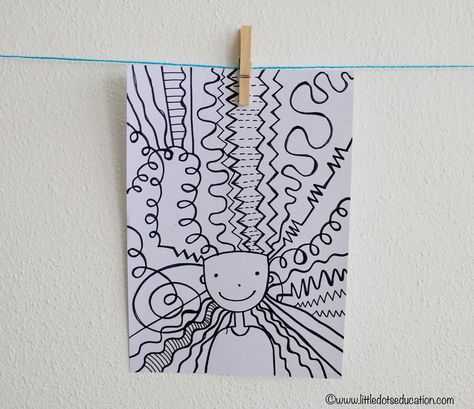 Creating Art with Lines - Crazy Hair Day Portrait Preschool Art Activi Crazy Hair Portrait, Crazy Hair Day Art Lesson, Crazy Hair Line Art, Line Art Activity, Line Art Element, Line Art Grade 2, Line Art Grade 1, Line Lessons Elementary Art, One Day Kindergarten Art Lesson