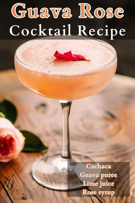 Introducing the Guava Rose Cocktail, a vibrant blend of cachaça, guava purée, and fresh lime juice, sweetened with aromatic rose syrup. This tropical and floral concoction is a celebration of exotic flavors, topped with a delicate rose petal garnish for a touch of elegance. Fresh Guava Recipes, Rose Cocktail Recipes, Guava Recipes, Rose Syrup, Guava Tree, Most Popular Cocktails, Rose Cocktail, Cocktail Book, Cocktail Recipes Easy