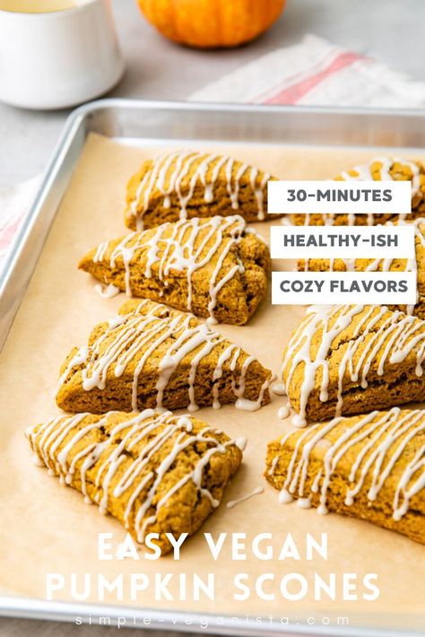 Vegan Pumpkin Scones with maple glaze are made with simple ingredients and so easy to make! Bring in the flavor of fall with this healthy pumpkin scones recipe! #healthyrecipes #veganrecipes #plantbased #pumpkinscones Pumpkin Scones Starbucks, Vegan Pumpkin Scones, Pumpkin Spice Scones, Baking Pastries, Vegan Pumpkin Muffins, Blue Recipes, Pumpkin Scones Recipe, Fall Eats, Vegan Scones