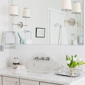 Curved marble Vanity Backsplash with Vintage Faucet - Cottage - Bathroom Curved Marble Backsplash, Light Grey Painted Walls, Marble Backsplash Bathroom, White Bath Rugs, Light Grey Bathrooms, Grey Painted Walls, Back Splashes, Vanity Backsplash, Backsplash Design