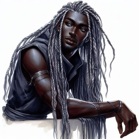 Black Man White Hair Art, Black Male White Hair, Black Character With White Hair, Black Elf Male, Black Goth Boy, Black Guy Oc, Character With White Hair, Attractive Drawings, Black Elf