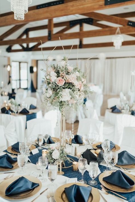 Navy Blue And Blush Pink Wedding Centerpieces Floral Design, Navy Blue Blush Gold Wedding, Navy Champagne Wedding Decor, Navy Blue Rustic Wedding Decorations, Blush Navy Blue Wedding, Blush Pink And Navy Blue And White Wedding Decor, Pink And Navy Wedding Table Decor, Dinnerware Wedding Table Settings, Navy And Blush Table Setting