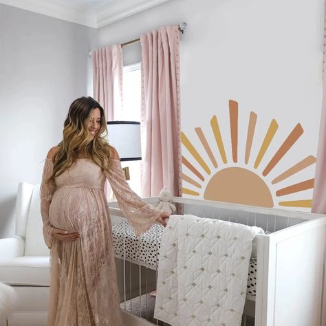 Boho Half Sun Wallpaper Decal Sunshine Vinyl Wall Stickers Nursery Baby Room Wall Stickers Living Corner Decor Nursery, Sun Behind Crib, Sun Wall Decals Nursery, Pink Sun Nursery, Moon And Sun Nursery, Sunshine Room Decor, Boho Sunshine Nursery, Sun Nursery Theme, Sun Themed Nursery