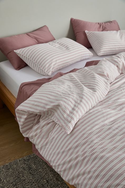 Pink Striped Duvet, Pink Stripe Bedding, Bed Sheets Ideas, Pinstripe Bedding, Striped Bed Sheets, Stripe Bedding, Make The Bed, Cotton Bed Sheets, Linen Bed Sheets