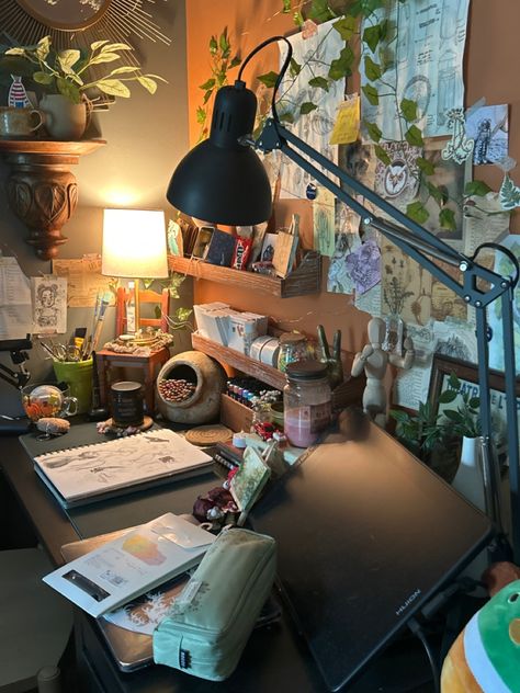 #decor #goblincore #aesthetic #art Goblincore Room Decor Ideas, Goblincore Dorm Room, Gremlincore Decor, Goblin Bedroom Aesthetic, Diy Goblincore Decor, Goblincore Desk, Goblin Core Painting, Goblincore Aesthetic Room, Goblin Core Room