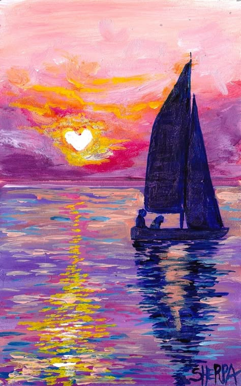 Love boat heart sunset romantic painting. Beginners learn to paint full acrylic art lesson. Fun and fully guided with The Art Sherpa. YOU can paint this. Artwork is the property of Cinnamon Cooney and The Art Sherpa LLC. and is intended for the personal enjoyment of the student. For commercial use contact  https://theartsherpa.com/labs Canvas Romantic Painting, Love Art Acrylic Paintings, Heart Sunset Painting, Love Inspired Paintings, Romantic Paintings For Him, Love Theme Painting, Easy Romantic Painting Ideas, Romantic Easy Paintings, Easy Romantic Paintings