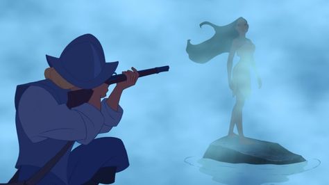 In his first sighting of Pocahontas, John Smith aims his rifle at the unknown female appearing in the mist before him. -- Pocahontas & Pocahontas II: Journey to a New World: 2 Movie Collection Blu-ray + DVD Review Pocahontas And John Smith, Disney Princess Pocahontas, Disney Pocahontas, Best Disney Movies, John Smith, Old Disney, Disney Fan, Movie Collection, Disney Animation