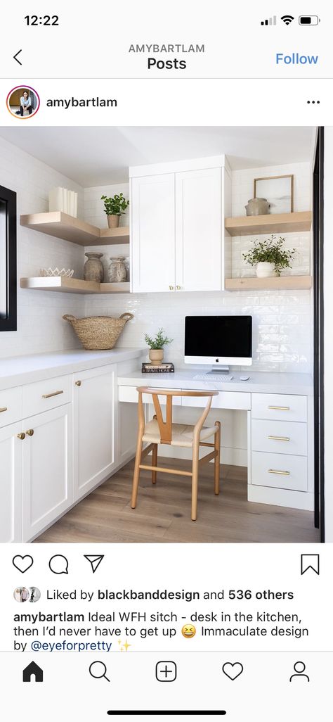 I like this little desk area in the kitchen that has a lower counter height than rest of kitchen counters. Kitchen Office Nook, Counter Height Desk, Modern Home Office Ideas, Kitchen Desk Areas, Comfortable Computer Chair, Desk Nook, Kitchen Desks, Modern Office Space, Desks For Small Spaces