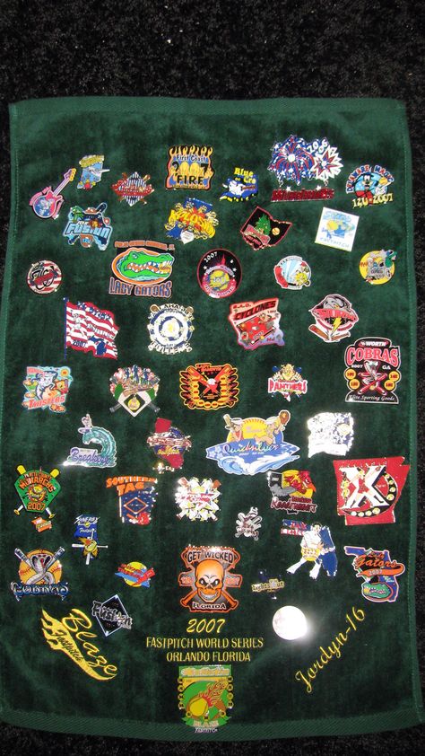 Softball World Series Trading Pins. I had a hand towel embroidered with daughter's name, team, and event. Attached all of the pins she traded. Softball World Series Gift Ideas, Softball World Series, Softball Ideas, Baseball Ideas, Softball Bows, Swag Bags, Softball Stuff, Room Things, Softball Hairstyles