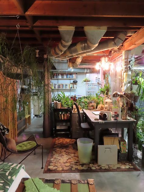 danger garden: The basement garden... Unfinished Basement Decorating, Plant Room Aesthetic, Unfinished Basement Bedroom, Basement Garden, Small Apartment Inspiration, Basement Office, Garden Mushrooms, Basement Living Rooms, Basement Apartment