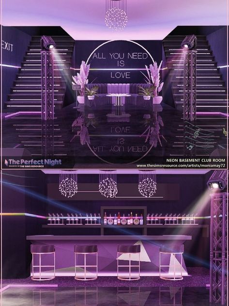 The Sims 4 Neon Basement Club Room .Custom Content was used. Download at @thesimsresource. Creation by @Moniamay72 . #TS4 #ts4lots #tsr #TheSims #sims4 #thesims4 #Moniamay72 #thesims4lots #vip #club #TSR #modern #TheSimsResource Neon Basement, Lotes The Sims 4, The Sims 4 Lots, Sims 4 Cheats, Free Sims 4, The Sims 4 Packs, Sims 4 Game Mods, Sims 4 Body Mods, Sims 4 Expansions