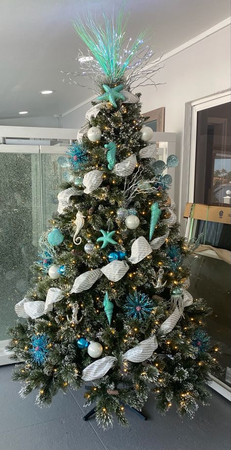 Christmas Ocean Theme, Under The Sea Christmas Decorations, Under The Sea Christmas Tree, Florida Christmas, Jesus Birthday, Coastal Christmas Decor, Beach Theme Decor, Beach Christmas, Coastal Christmas