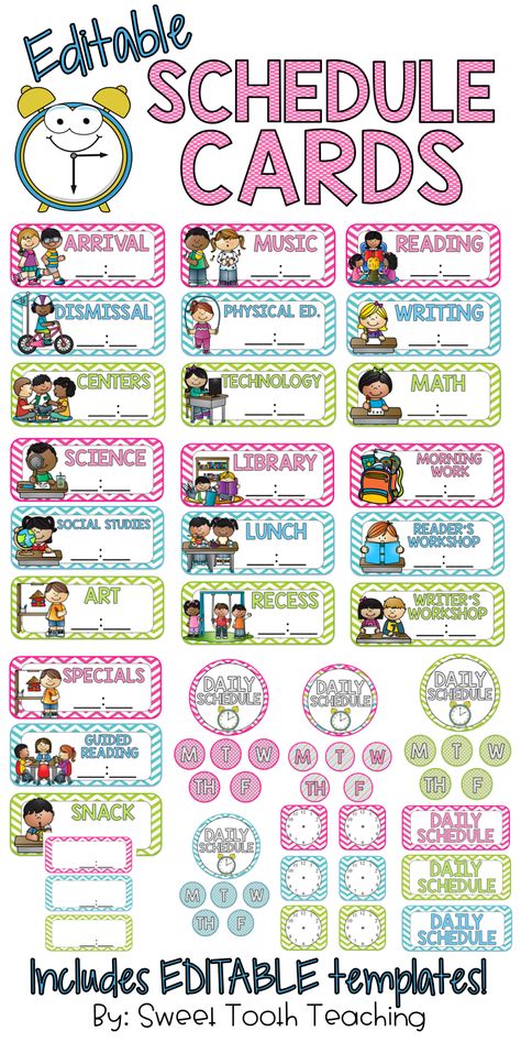 These schedule cards are a perfect visual for your kiddos to manage their time and transition smoothly throughout the day!  21 Schedule Cards with activity name, clipart, and digital clock option. + EDITABLE templates Nanny Schedule, Classroom Daily Schedule, Classroom Schedule Cards, Teaching Clock, Printable Schedule, Classroom Schedule, Preschool Schedule, Visual Schedules, Schedule Cards