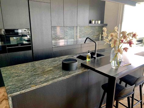 Green Marble Worktop Kitchen, Dark Green Marble Kitchen, Green Kitchen Quartz Worktop, Green Stone Kitchen Counter, Green Stone Benchtop, Green Granite Kitchen, Green Granite Countertops, Dark Grey Kitchen Cabinets, Staircase Interior Design