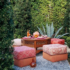 Plant a Room: Outdoor Living Space Ideas from bhg Moroccan Garden, Space Ideas, Garden Seating, Landscape Projects, Moroccan Style, Outdoor Rooms, Outdoor Design, Garden Room, Outdoor Settings