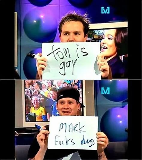 They know each other SO well. TOMARK Blink 182 Funny, Blink 182 Tom Delonge, Blink 182 Tom, Mark Hoppus, Mayday Parade Lyrics, Tom Delonge, The Amity Affliction, Travis Barker, Love Band