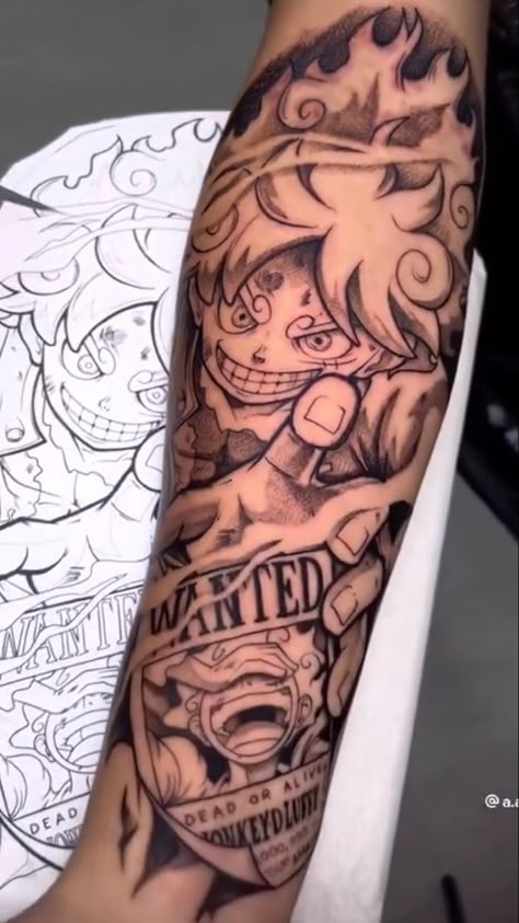 Monkey D Luffy Tattoo Design, Luffy One Piece Tattoo Design, One Piece Sleeve Tattoo, Monkey D Luffy Tattoo, Gear 5 Tattoo, Dark Anime Tattoo, Luffy Tattoo Ideas, Chest Tattoo Birds, Luffy Tattoo