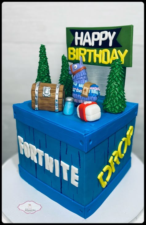 Fortnight Cakes For Boys, Diy Fortnite Cake, Fortnite Drip Cake, Easy Fortnite Cake Diy, Buttercream Fortnite Cake, Fortnight Cake, Fortnite Two Tier Cake, Fortnite Drop Box Cake, Gaming Cake