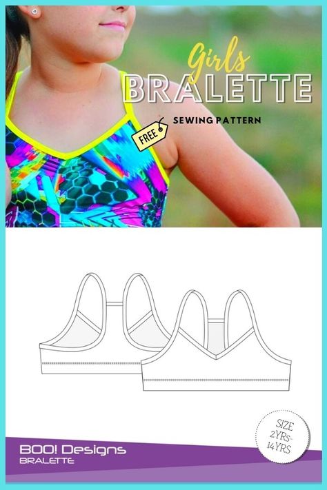 Girls Bralette FREE sewing pattern (sizes 2-14). This Girls Bralette can be used as a training bra, activewear, or swim top. This cute little racerback crop top is suitable for adventurous beginner sewers. Suggested fabrics for this project are Stretch/Knit like Polyester Spandex, Nylon Spandex, Cotton Lycra with 50-100% stretch factor and 4-way stretch. Sports Bra Sewing Pattern, Free Kids Sewing Patterns, Girls Sewing Patterns Free, Bralette Sewing Pattern, Sewing Patterns For Babies, Tops Sewing Patterns, Crop Tops Casual, Girls Sewing Patterns, Kids Sewing Patterns