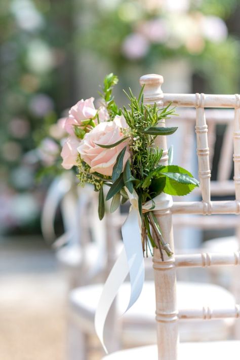 Chair Ends Wedding, Wedding Chair Florals, Romantic Ceremony Decor, Ceremony Chair Decor, Fall Wedding Decor Ideas, Outdoor Wedding Chairs, Wotton House, Rose Chair, Florist Ideas