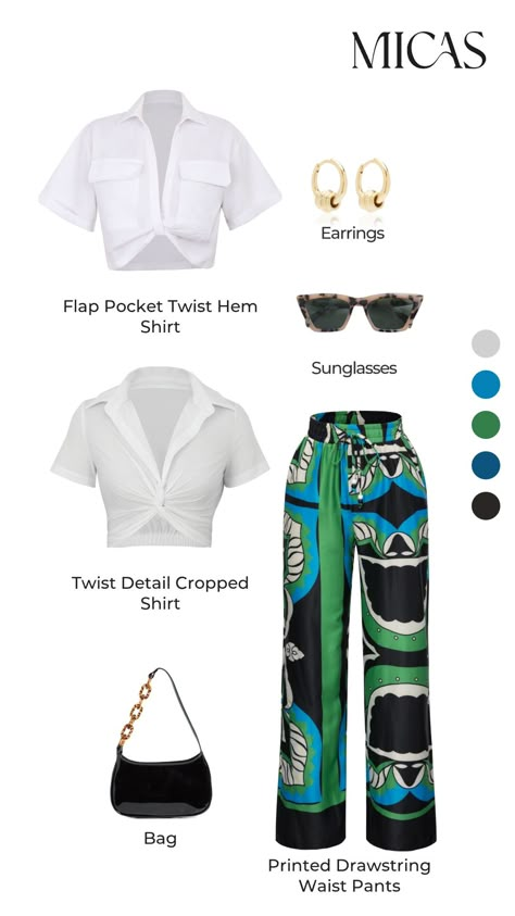 Cruise Pants Outfits, Micas Outfit Ideas Summer, Printed Pants Outfits Summer, Micas Outfit Ideas, Outfit Plage, Shein Summer Outfits, Business Attire For Young Women, Inverted Triangle Fashion, Outfit Ideas For Black Women