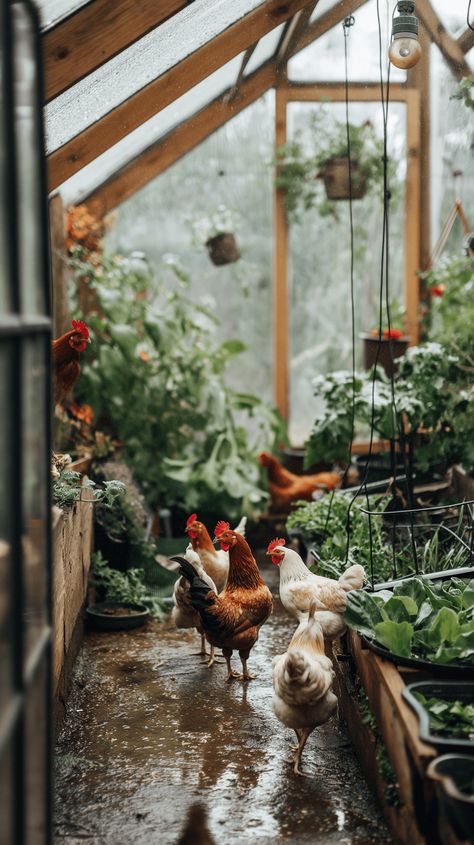 Discover the rustic tranquility of a greenhouse where chickens freely roam amidst lush greenery and dappled sunlight. This serene farm scene captures the peaceful coexistence of nature and rural life. #RusticGreenhouse #FarmLife #Chickens #CountrysideCharm #RuralBliss #NatureTranquility #FarmyardHarmony Farm Stay Aesthetic, Chickens In Backyard, Home Farm Aesthetic, Chickens On A Farm, Plants In Chicken Coop, Chickens In Greenhouse, Moody Chicken Coop, Small Family Farm, Gardening Vision Board