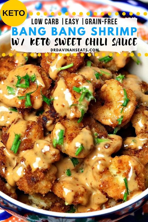 This is a recipe for Bang Bang Shrimp that is grain-free, low carb, keto-friendly and does not use added sugar. I include a quick recipe for the Sweet Thai Chili Sauce, an essential part of Bang Bang Sauce. #keto #shrimp #bangbangshrimp #lowcarb #sugarfree Sweet Thai Chili Sauce, Sweet Thai Chili, Bang Bang Shrimp Recipe, Ketone Recipes, Keto Fish, Bang Bang Sauce, Keto Shrimp, Thai Chili Sauce, Keto Kitchen