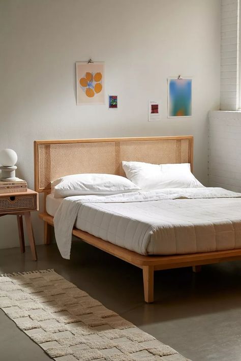 rattan boho bed frame via Urban Outfitters Mid Century Bed Frame, Mid Century Bed, Unique Headboards, Rattan Bed, Wicker Headboard, Wood Platform Bed Frame, Bed Platform, Solid Wood Platform Bed, King Bed Frame