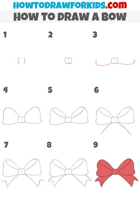 How to Draw a Bow - Easy Drawing Tutorial For Kids Draw A Bow Easy, How To Paint A Bow On Canvas, Ribbon Drawing Tutorial, How To Draw Bows Ribbons, Easy Bow Drawing, Bow Drawing Tutorial, How To Draw A Bow Step By Step, How To Draw A Ribbon, Coquette Drawing Easy