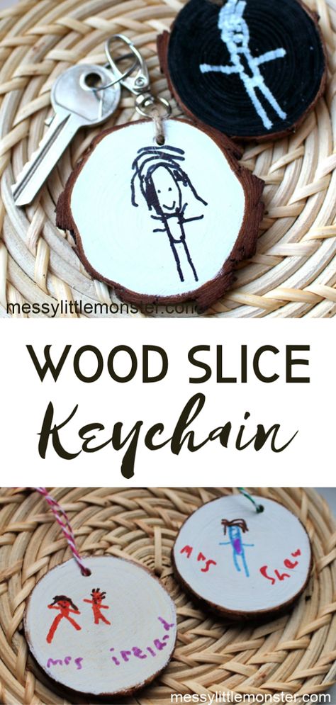 Homemade Keychains Diy, Keychain Crafts For Kids, Homemade Gifts Kids Can Make, Wood Slice Diy, Gifts For Kids To Make, Gifts Kids Can Make, Homemade Kids Gifts, Healthy Gift Basket, Keychain Wood