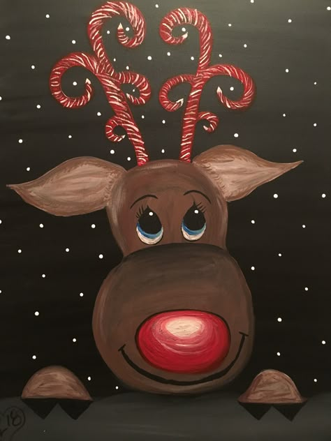 Christmas Pictures Drawings Easy, Simple Christmas Art Painting, Easy Santa Painting, Christmas Paintings On Canvas Easy Diy, Easy Christmas Paintings For Beginners, Cute Christmas Paintings, Kids Christmas Painting, Rudolf The Red Nosed Reindeer, Reindeer Painting