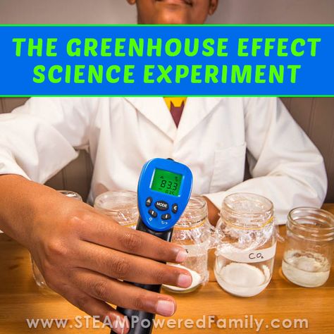 The Greenhouse Effect - What is it? How does it work? Learn the answers to these questions and more with this science experiment for kids. Using a simple chemical reaction with supplies you already have in your classroom or home, you can demonstrate the science behind climate change and explore how greenhouse gases in the atmosphere affect life here on Earth. A powerful and important lesson for all kids, especially for Earth Day. Click to learn more at STEAM Powered Family. Renewable Energy Activities, Environmental Science Lessons, The Greenhouse Effect, Earth Activities, Kids Stem Activities, Science Experiment For Kids, Experiment For Kids, Greenhouse Effect, Kid Experiments