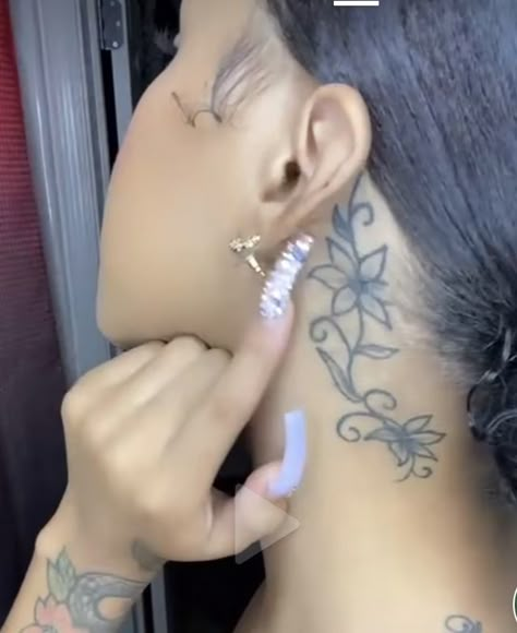 Female Neck Tattoo Ideas For Black Women, Small Neck Flower Tattoos Women, Neck Tats Women Flower, Flower Side Arm Tattoo, Side Of Neck Tattoos Women Words, Neck To Ear Tattoo, Neck Tats Black Women, Behind The Ear Tattoo Ideas Black Women, Flowers Behind Ear Tattoo