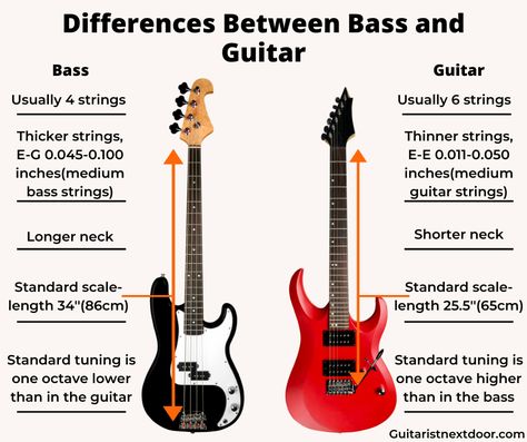 What's the difference between bass and guitar? How you can instantly tell which one is which? Which one is harder to master?  Should you learn to play one before the other? All these questions(and more) are answered in the post I just made. Go and check it out at Guitarisnextdoor.com! How To Learn Bass Guitar, Bass Vs Electric Guitar, Bass Guitar Tutorial Beginner, How To Play The Bass Guitar, Learning Bass Guitar, Electric Guitar Beginner Tips, Types Of Electric Guitars, How To Play The Electric Guitar, Electric Guitar Types