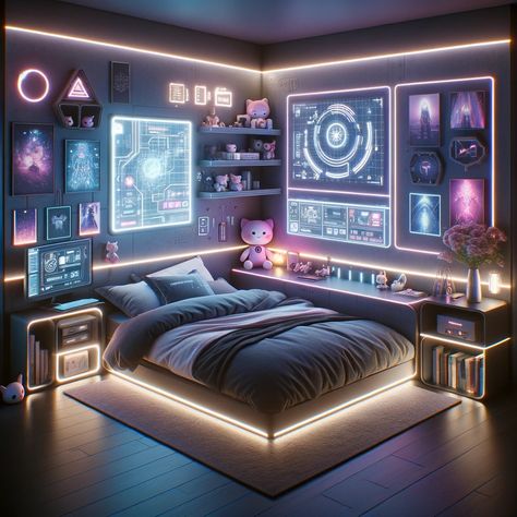 Scifi Bedroom Concept Art, Tech Bedroom Ideas, Cyberpunk Bedroom Ideas, Technology Bedroom, Cyberpunk House Interior, Cyberpunk Aesthetic Room, Cyberpunk Room Interiors, Futuristic Bedroom Design, Futuristic Bedroom Ideas