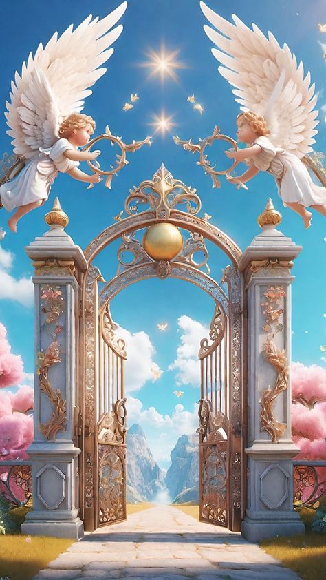 Guardian Angel Pictures, Gate Pictures, Heaven Pictures, Heaven Painting, Jesus Christ Painting, Stained Glass Church, Heaven's Gate, Jesus Is Risen, Jesus Christ Artwork